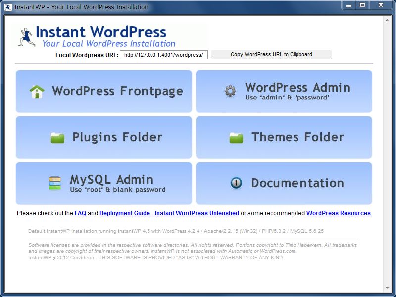 Instant WordPress のメニュー Instant WordPress のメニュー