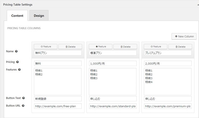 Easy Pricing Tables Contentメニュー入力例目