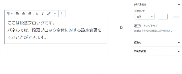 段落ブロックの設定パネル 文字サイズの変更