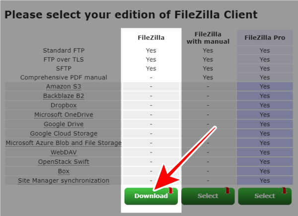 FileZillaの無料版を選択
