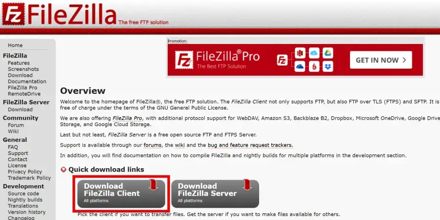 FileZilla公式サイトの「Download FileZilla Client」ボタンをクリック