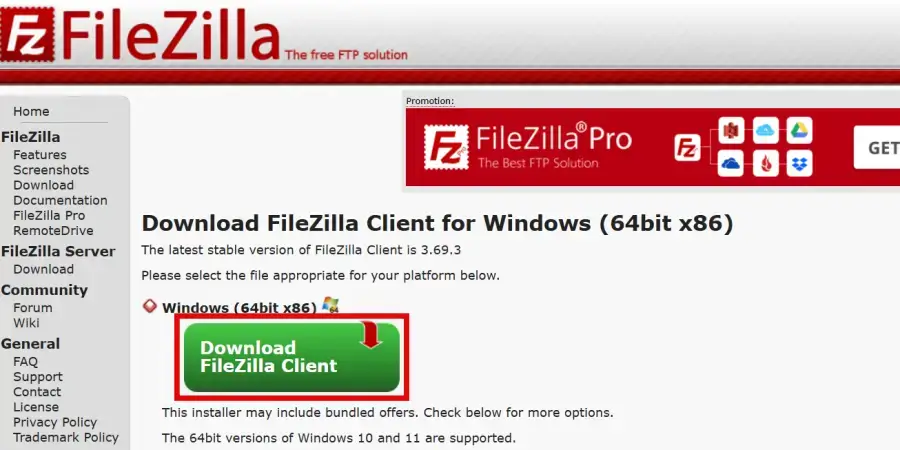 FileZillaダウンロードページの「Download FileZilla Client」ボタンをクリック
