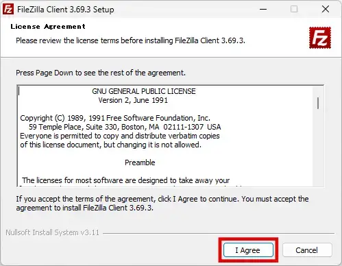 FileZillaセットアップのライセンス契約で「I Agree」をクリック