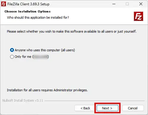 FileZillaセットアップのユーザー選択画面で「Next」をクリック