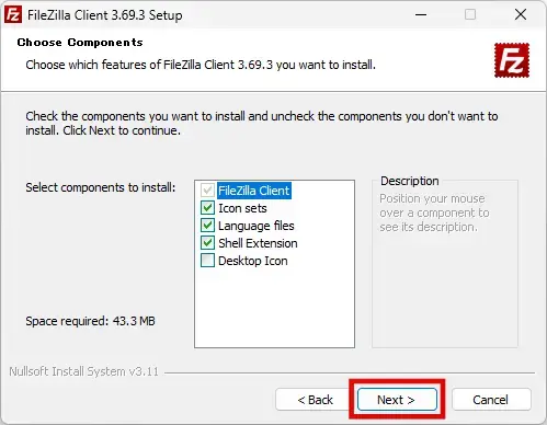 FileZillaセットアップのコンポーネント選択画面で「Next」をクリック