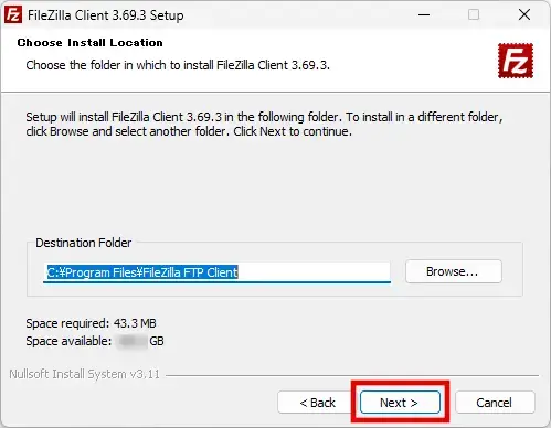 FileZillaセットアップのインストール先選択画面で「Next」をクリック