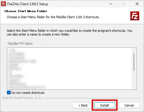 FileZillaセットアップのショートカット作成画面で「Install」をクリック