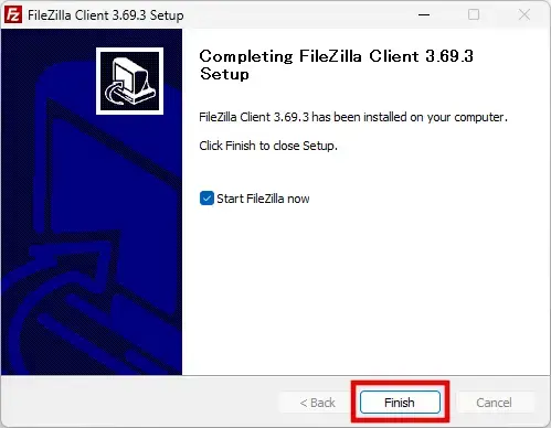 FileZillaセットアップのインストール完了画面で「Finish」をクリック