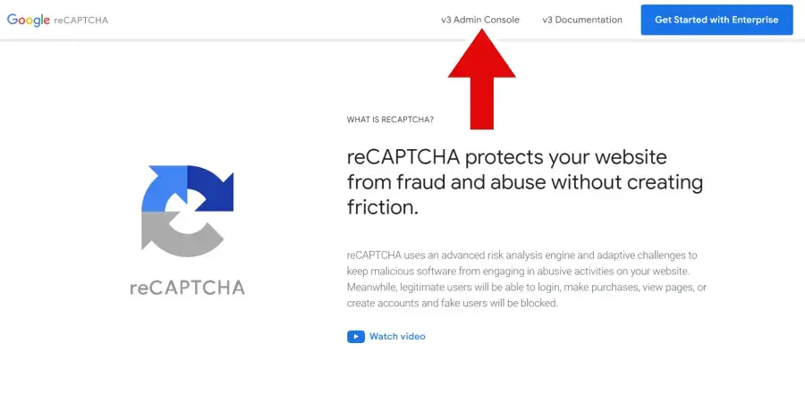 Google reCAPTCHA の「v3 Admin Console」をクリックする