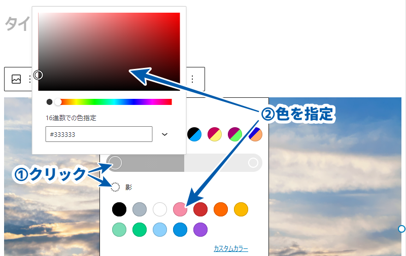 デュオトーンフィルターで任意の色を選択やカラーコードの入力ができる