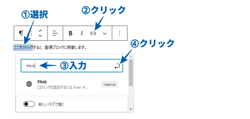 ページ内リンクの設定でリンク先に「#+HTML アンカー」を入力