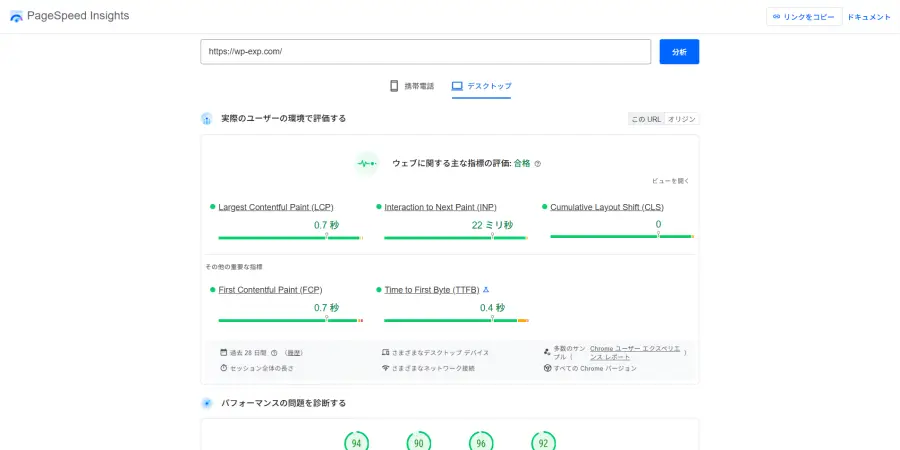 PageSpeed Insights 調査結果の例