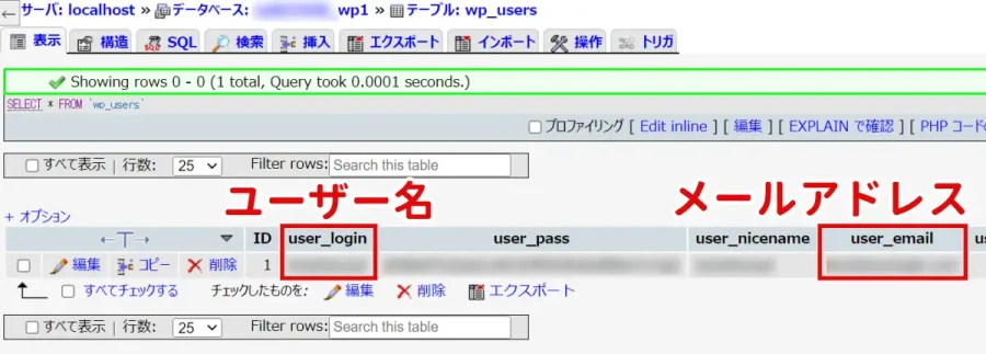 ［user_login］［user_email］の値を確認