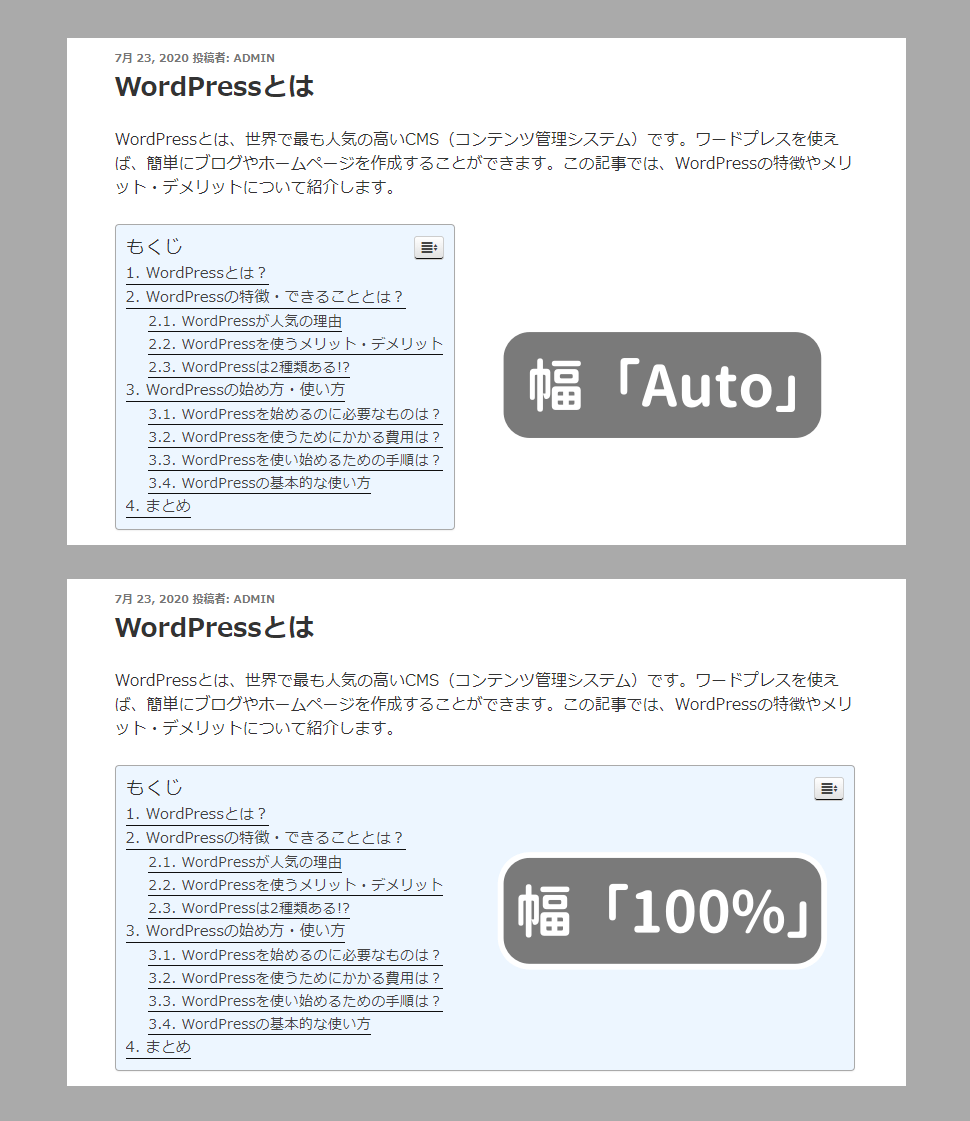 Easy Table of Contents 横幅「Auto」と「100%」の比較