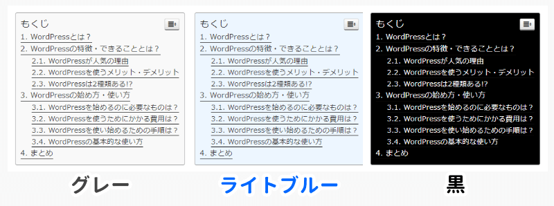 Easy Table of Contents テーマによる色の比較
