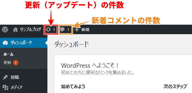 WordPress管理画面 ツールバーの機能「更新（アップデート）やコメントの通知」