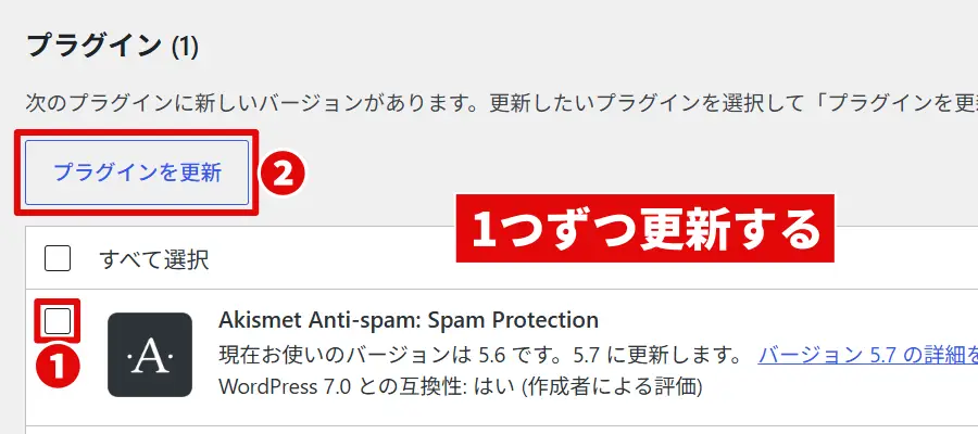 WordPress更新画面でプラグインを1つずつ更新する